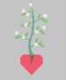 Red heart with a green plant with white flowers growing from it on a grey background